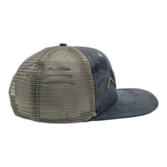 Side view of The Gladiator baseball cap showcasing its camouflage-pattern design, structured curved brim, and black front panel with a subtle design. The olive-green mesh back portion has an adjustable snapback closure. The cap is set against a plain black background.