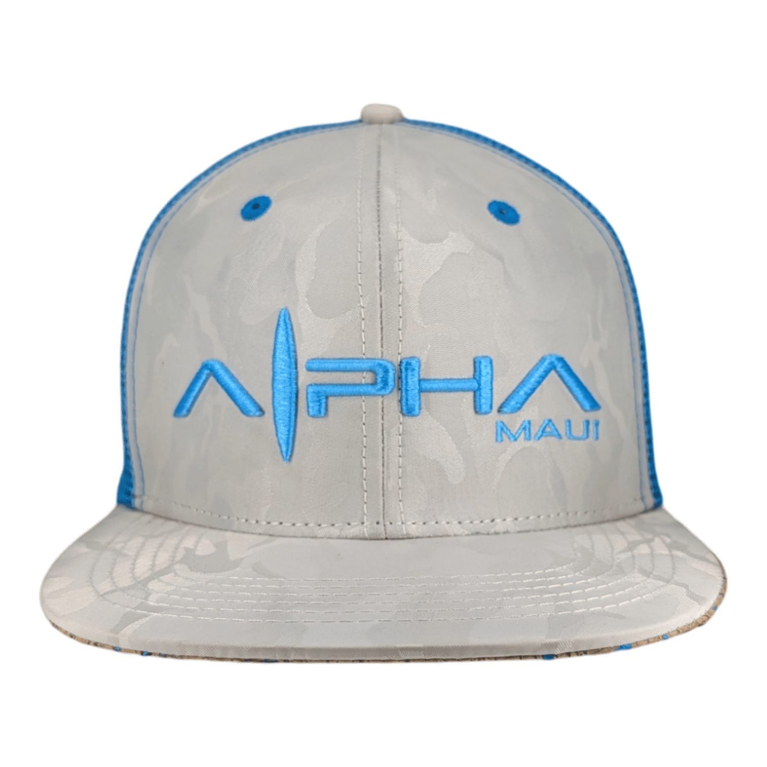 The Chillee snapback hat comes in light gray with a subtle camouflage pattern and features blue lining. It has "ALPHA MAUI" embroidered in blue on the front and includes a flat brim.