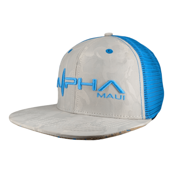 The Chillee is a gray and blue trucker hat featuring the word "Maui" and an embroidered waveform design on the front, with a breathable blue mesh material on the back.