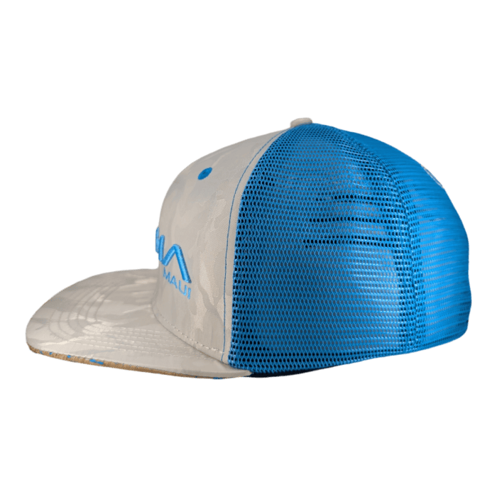 A side-view of The Chillee trucker hat showcasing a blue mesh back and a grey front panel. The front panel features an embroidered design in blue with the text "MALU" and a wave logo. The grey brim has a pattern that complements the overall design.