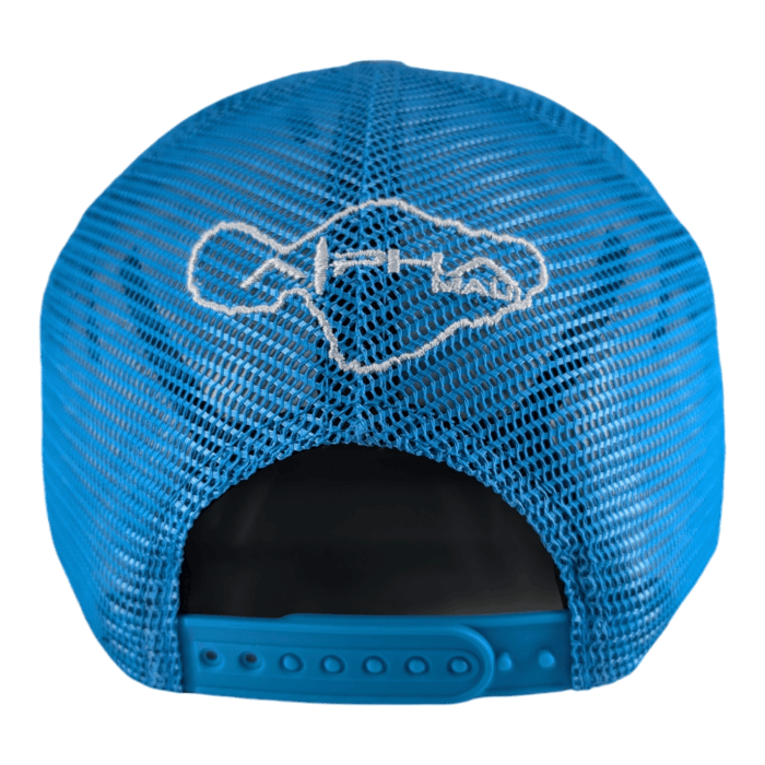 The back view of The Chillee, a blue mesh trucker hat, showcases an adjustable snapback closure and features an embroidered outline of the Hawaiian Islands with text stitched inside the island design.