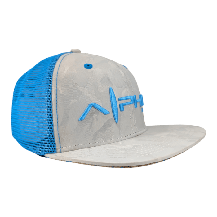 Introducing "The Chillee" hat: a grey and blue trucker hat featuring a blue mesh back. The front panel showcases a subtle camouflage pattern, complemented by an embroidered blue logo and the text "AHPH." The brim echoes the same camouflage design as the front panel.