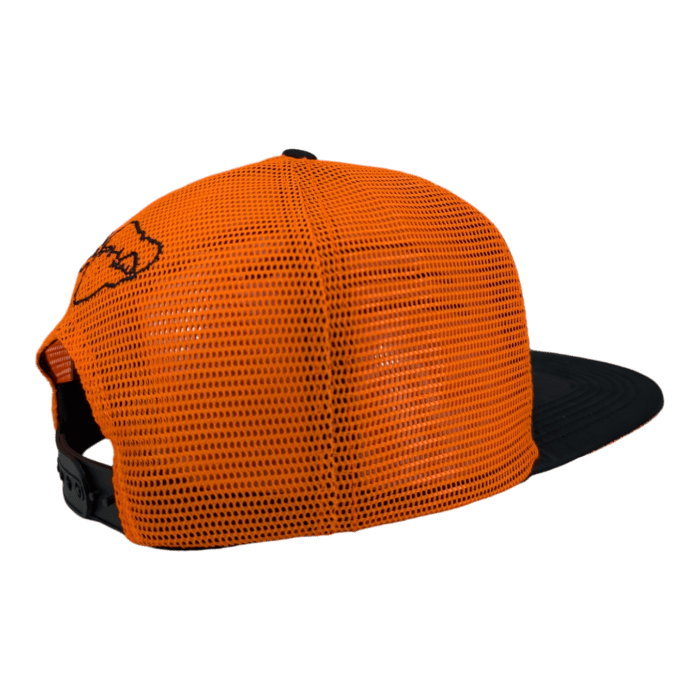 The Lava Loaded trucker hat features an orange crown and black brim, with a breathable orange mesh rear panel and a snapback closure. A black logo or design adorns the front panel. The image showcases both the side and back views of the cap.