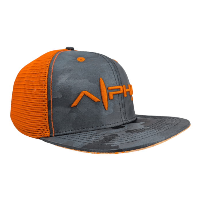 A Lava Loaded gray camouflage baseball cap with an orange mesh back and orange embroidery on the front panel, featuring the word "APEX" in capital letters accompanied by a stylized peak design.