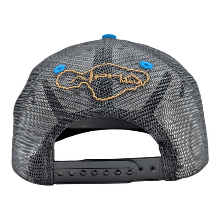 The Coastline hat is a black mesh trucker style, shown from the back, with a snapback closure. It features an embroidered design of a football above a map of Hawaii in yellow thread and blue grommets on the back panels.