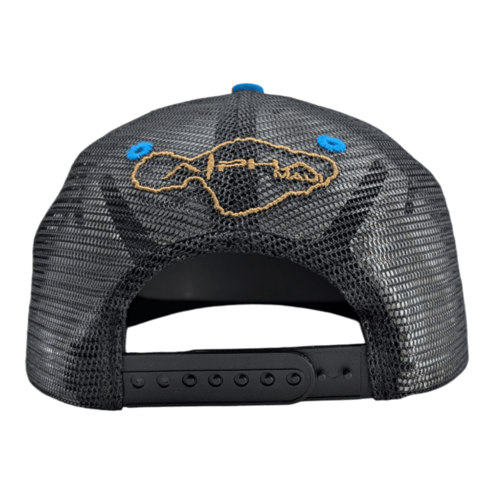 Introducing The Coastline, a black mesh baseball cap seen from the back. It features a tan stitched design of a fish on the top half and has an adjustable snapback closure in black with small holes and pegs for size adjustment. Additionally, light blue reinforcing grommets are visible.