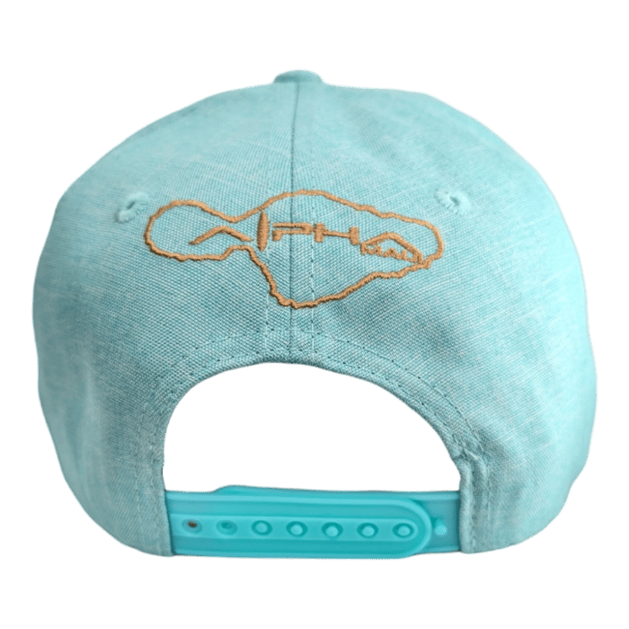 Introducing the Turtle Cove II: a light blue baseball cap viewed from the back, featuring an orange fish skeleton embroidered on the top. The cap comes with a light blue plastic adjustable strap.