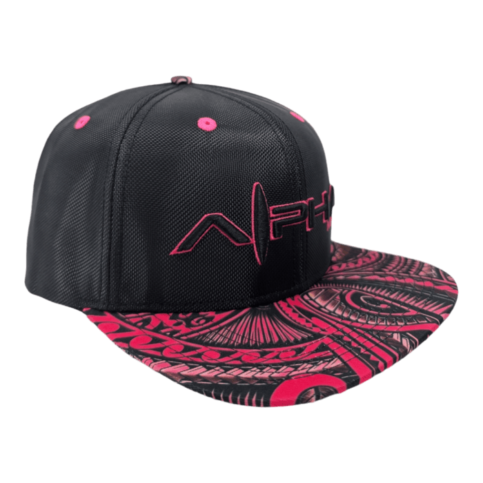 A black snapback hat named "Tribal Wai" featuring a red embroidered "Aph" logo on the front. The brim showcases a detailed, intricate red and black pattern, adding a vibrant touch to the design.