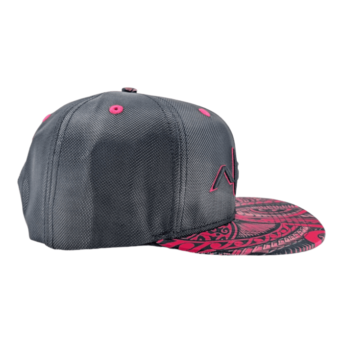 Introducing the Tribal Wai: a black snapback cap featuring a bold red geometric design under the flat brim, accented with small red details like eyelets and side embroidery. Crafted from textured fabric, this cap stands out against its plain black background.