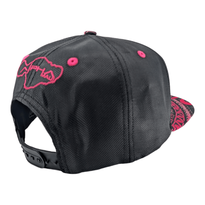 Introducing the Tribal Wai snapback hat—a black hat adorned with pink accents. The back showcases an intricately embroidered pink fish shape, while the underside of the brim features a detailed and elaborate pink fish design. Additionally, the crown is finished with pink-stitched aeration holes for added style and comfort.