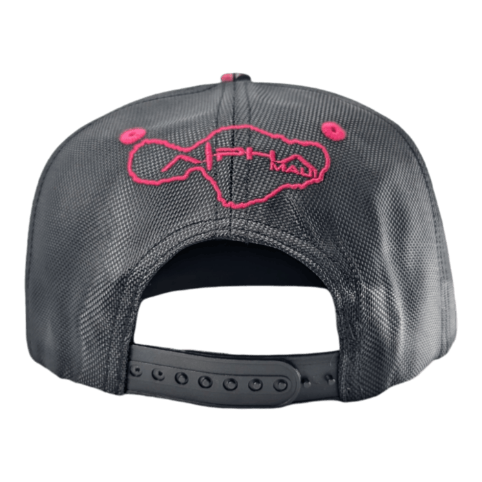 The Tribal Wai is a black snapback hat featuring a pink embroidered design on the back. The design outlines the shape of Maui Island with the word "Maui" incorporated into it and includes an adjustable strap with multiple holes for size customization.