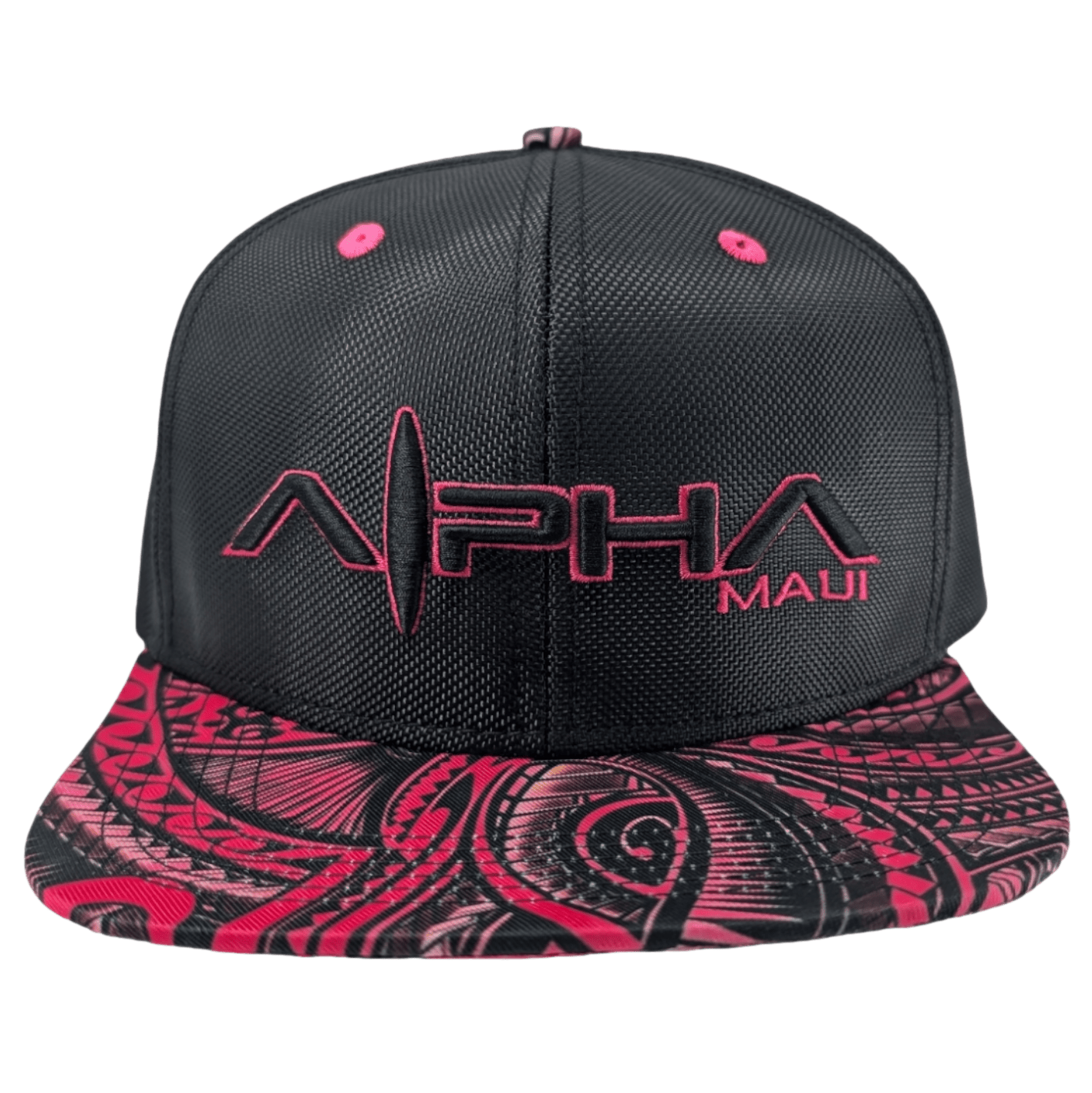 The "Tribal Lokelani" snapback hat is black with "Alpha Maui" embroidered in pink on the front. The brim showcases a detailed, swirling pink and black pattern, while the hat features subtle pink accents, including eyelets on the crown.