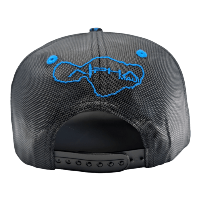 The image showcases the back of a black Tribal Wai snapback hat. The hat is adorned with blue stitching, featuring an outline of the island of Maui along with the text "Maui" and "Aloha" on the back panel. It includes an adjustable strap with multiple holes to ensure a perfect fit.