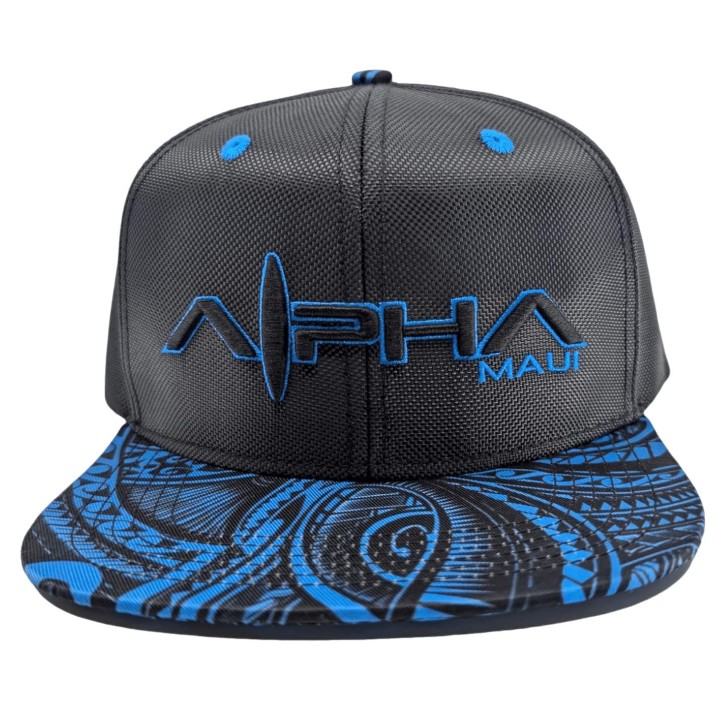 A black baseball cap with blue accents, featuring the text "Alpha Maui Tribal Wai" on the front. The brim showcases an intricate blue and black pattern. The cap's design is modern and sporty.
