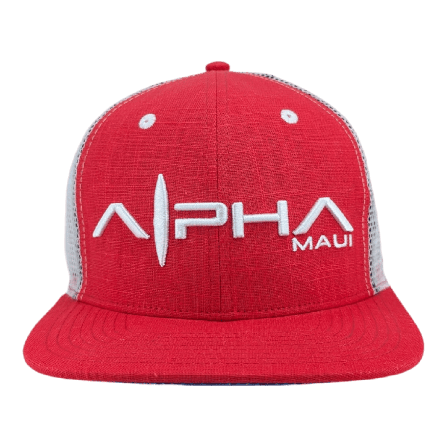 A red baseball cap with a white mesh back. The front features the word "August 8th" in white embroidery with a vertical line through the "A" resembling a surfboard shape, followed by the word "MAUI" in smaller text on the right.