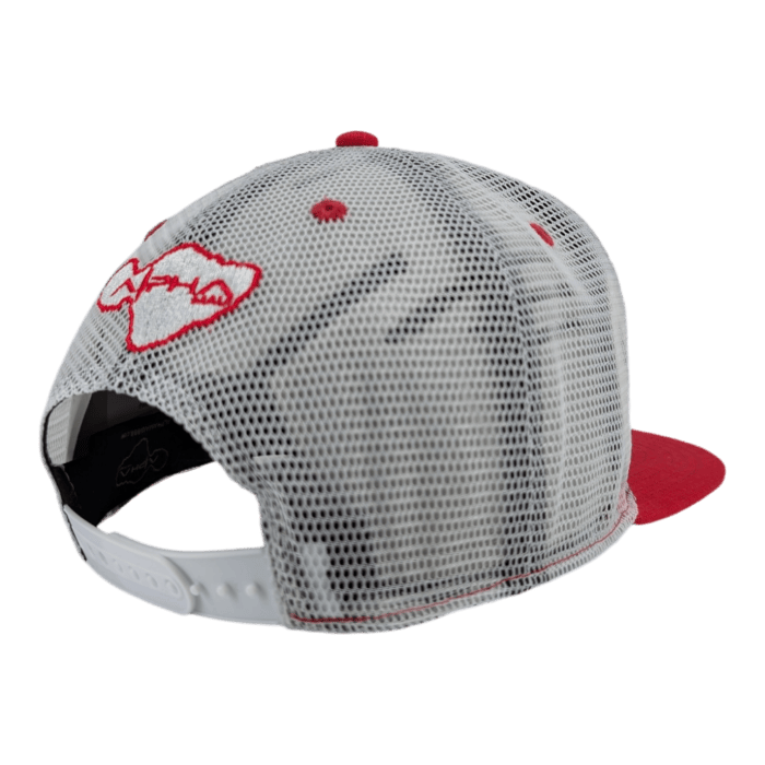 A rear view of the August 8th red and white baseball cap, featuring a white mesh back with red stitching and a red mountain logo positioned above the adjustable snapback closure. The brim and front panels are in solid red.