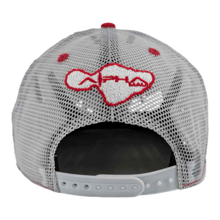 The image shows the back view of an August 8th white mesh baseball cap with red stitching. The cap features an adjustable snapback closure and a red embroidered design depicting an outline of Africa with the word "Alpha" inside the outline.