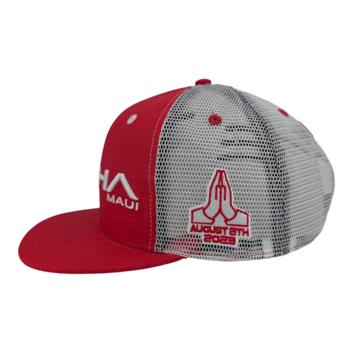 A red and white trucker hat with a mesh back. The red front panel features the text "Maui" and a logo. The side panel has an embroidered patch with a rocket and the text "August 8th 2022." The red bill and snapback closure complete the design.