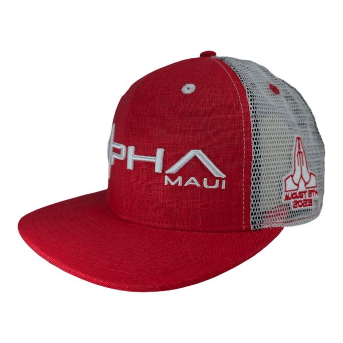 A red and white trucker cap featuring the word "Alpha Maui" embroidered in white on the front. The side panel displays a red embroidered spaceship graphic with "August 8th 2021" written underneath. The cap has a mesh back for breathability.