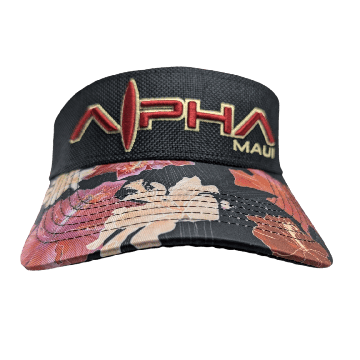 A visor-style hat named "Drop Top Hibiscus" features a black band and a colorful, floral-patterned brim. The hat displays the text "ALPHA" in large red and gold letters, with "MAUI" in smaller gold letters on the black band.