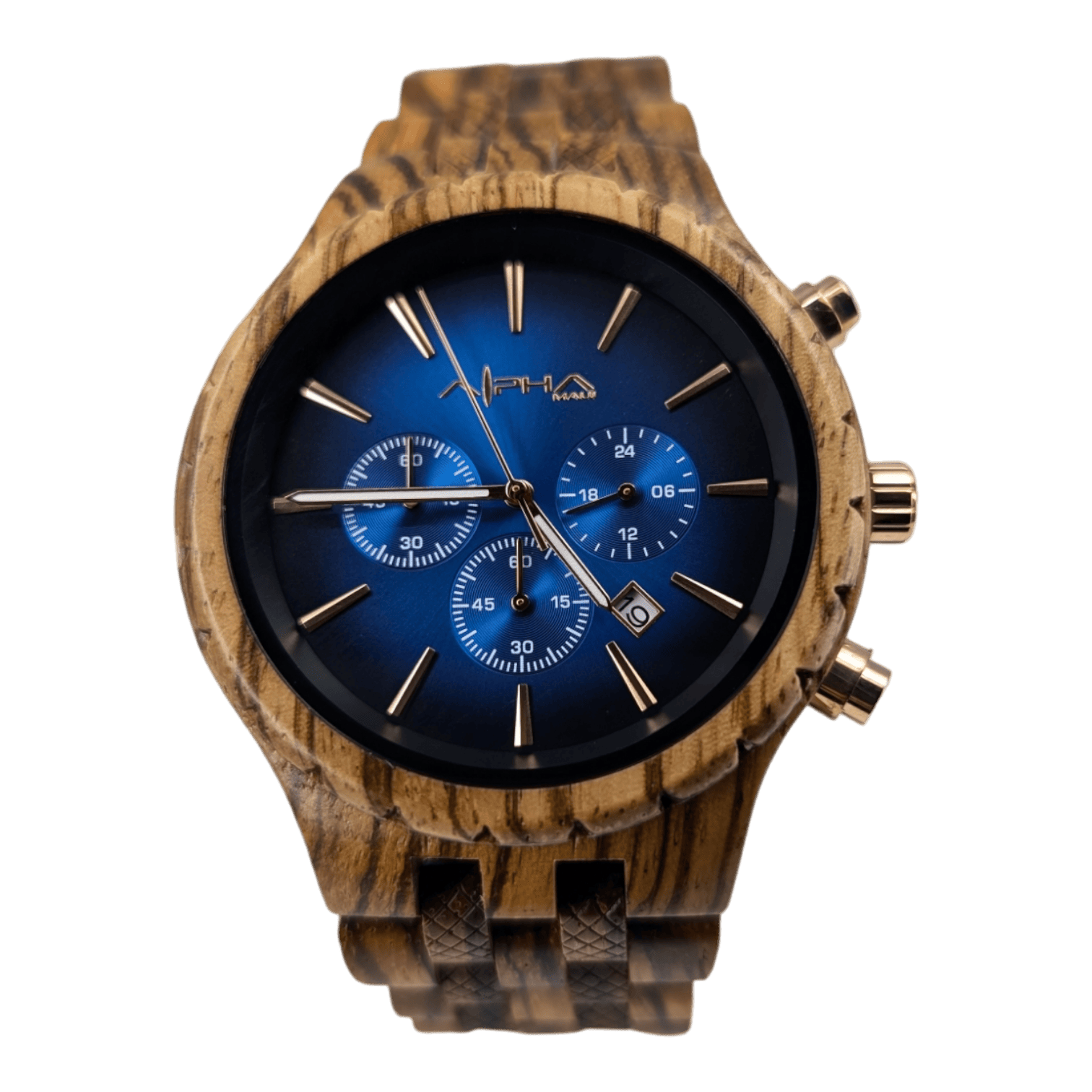 Introducing The Voyager, a stylish wristwatch featuring an elegant wooden band and casing. Its watch face boasts a deep blue hue adorned with three smaller subdials and gold hour markers and hands. Additionally, it includes two push-buttons on the side and a date window positioned between the 4 and 5 o'clock markers.