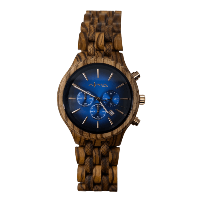 The Voyger wristwatch features a wooden band and casing, complemented by a striking blue watch face with three smaller dials. The face includes gold hour markers and is adorned with a logo at the top. The right side of the watch holds two buttons and a crown, all set against a sophisticated black background.