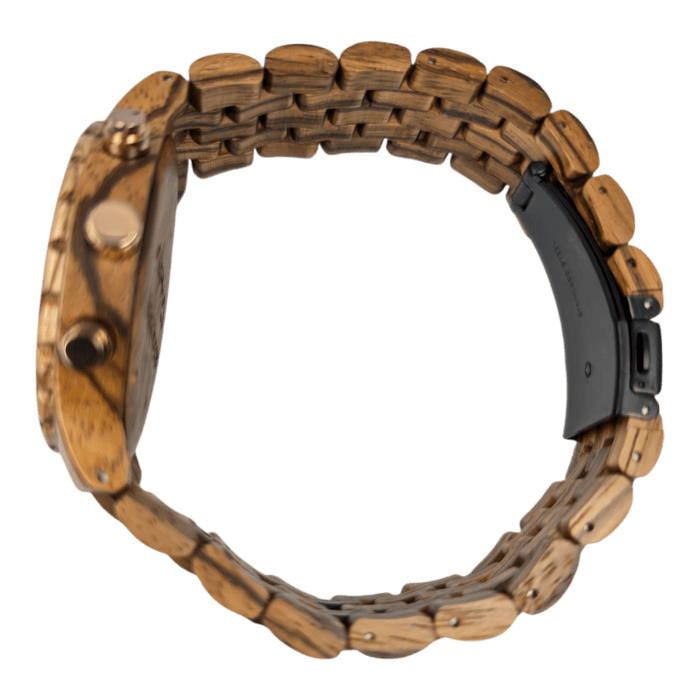 The Voyger wristwatch features a thick band composed of wooden links and a metal clasp. The watch face and buttons, visible from the side, proudly display the natural wood grain pattern throughout. This design exudes an eco-friendly aesthetic.