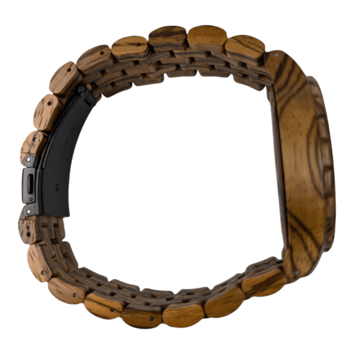 The Voyger wristwatch features a unique and intricately designed band crafted from linked, oval-shaped wooden pieces. Its watch face showcases matching wooden detailing, while the watch lies horizontally to display its side view.