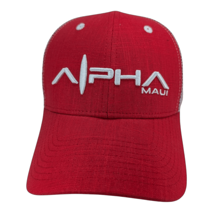 The "Alpha Maui August 8th" is a red baseball cap featuring white stitching and black embroidery on the front, with the text "ALPHA" in stylized letters followed by "MAUI.