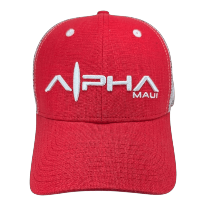 Alpha Maui August 8th red baseball cap with "Alpha Maui" in white text on the front, featuring a black background and complemented by white mesh on the sides and back.