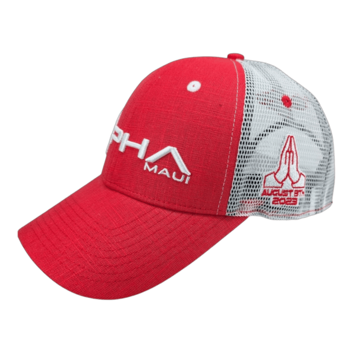 Red and white baseball cap with "Alpha Maui August 8th" text on the front and an embroidered rocket graphic on the side.