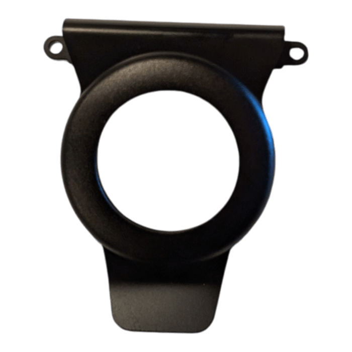 The Alpha Air Tag kit features a black plastic circular mount with a rounded edge, designed for attachment to flat surfaces using the two mounting holes on the top sides. This mount includes a broad, flat base extending downward.