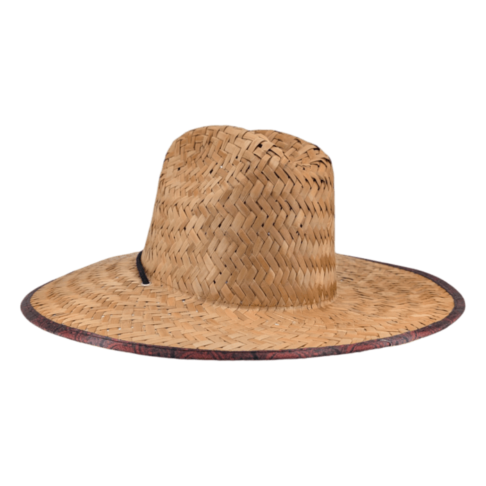 Introducing the Autumn Sunrise: a wide-brimmed straw hat featuring an elegant herringbone weave pattern and finished with a dark-colored trim along the brim, beautifully contrasted against a plain black background.