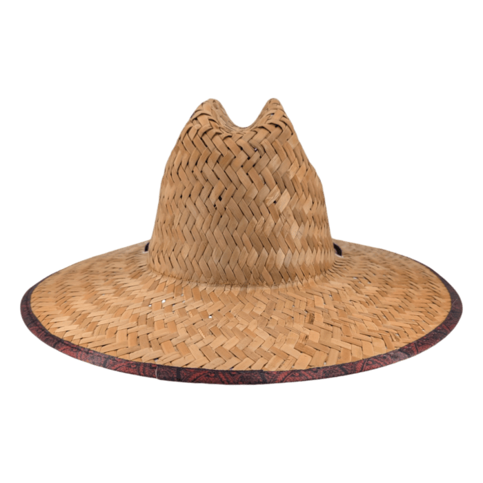 The Autumn Sunrise is a straw hat featuring a wide brim and an intricate woven pattern. The edges of the brim are bordered with a thin, darker strip, creating a subtle contrast. The hat is showcased on a plain black background.