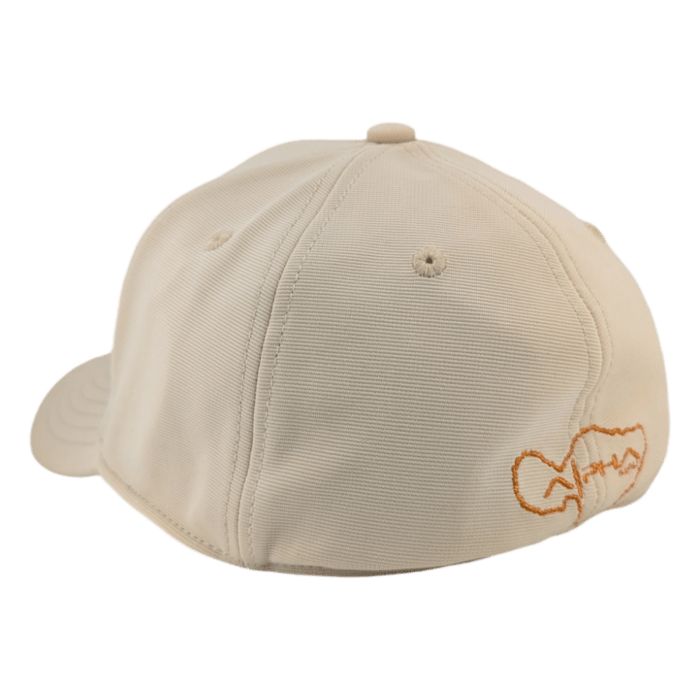 The "Autumn Sunrise" beige baseball cap displays the back and side views, featuring an orange embroidered logo with wavy lines and the word "Alpha." The cap includes a button on top and stitched ventilation eyelets.