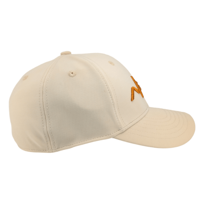 Side view of the Autumn Sunrise baseball cap, featuring a beige color with orange embroidered details on the front. The cap includes a top button and ventilation eyelets, along with a curved brim. It is made from a textured material.