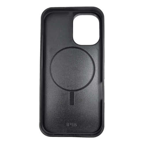The Honu is a black phone case featuring a circular magnet design at the center, compatible with MagSafe technology. It's designed for smartphones and includes a cutout for the camera.