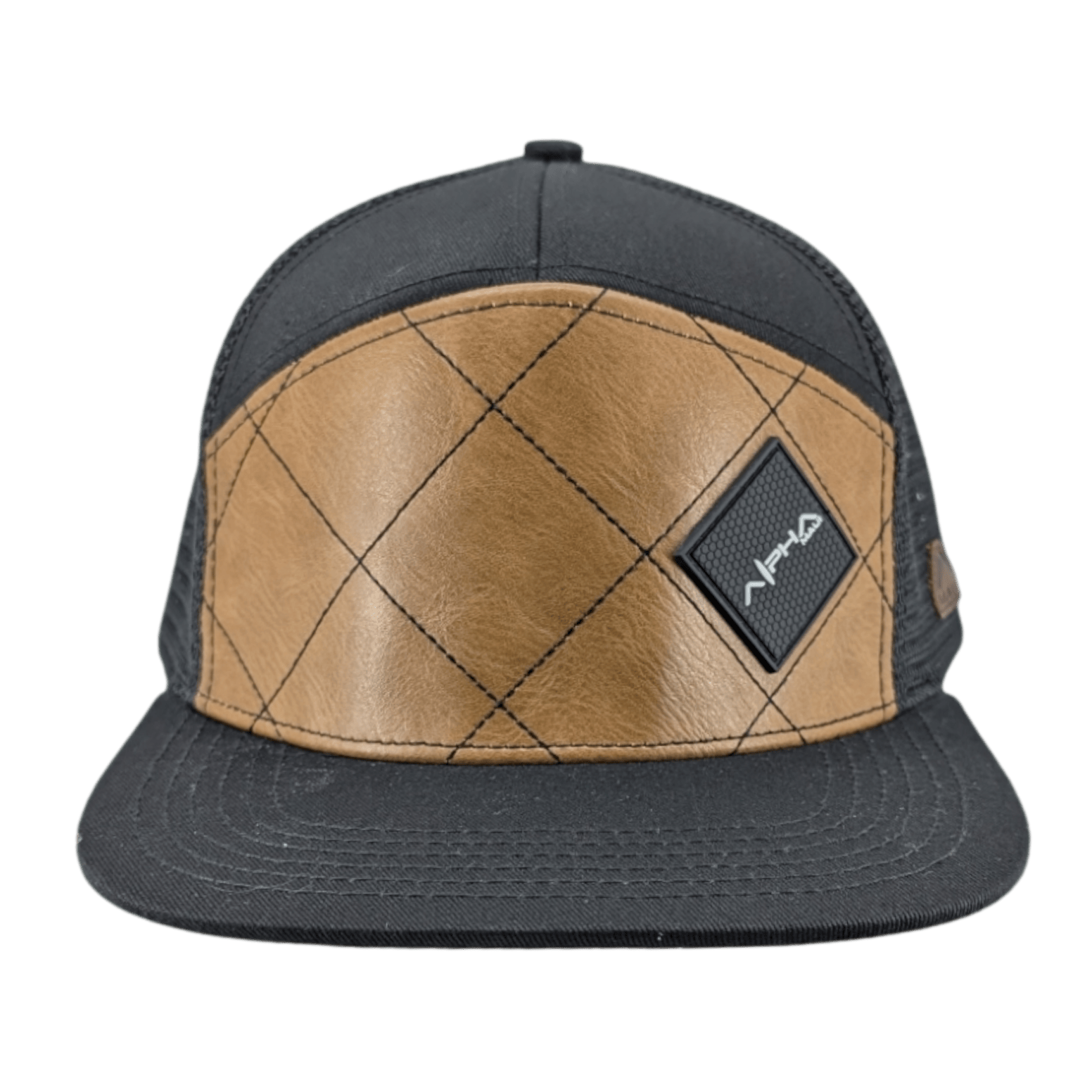 The Alpha Maui Mach-1 Racer cap features a black mesh back and a brown leather front panel with a diamond pattern. It includes a black square patch with white text on the front.