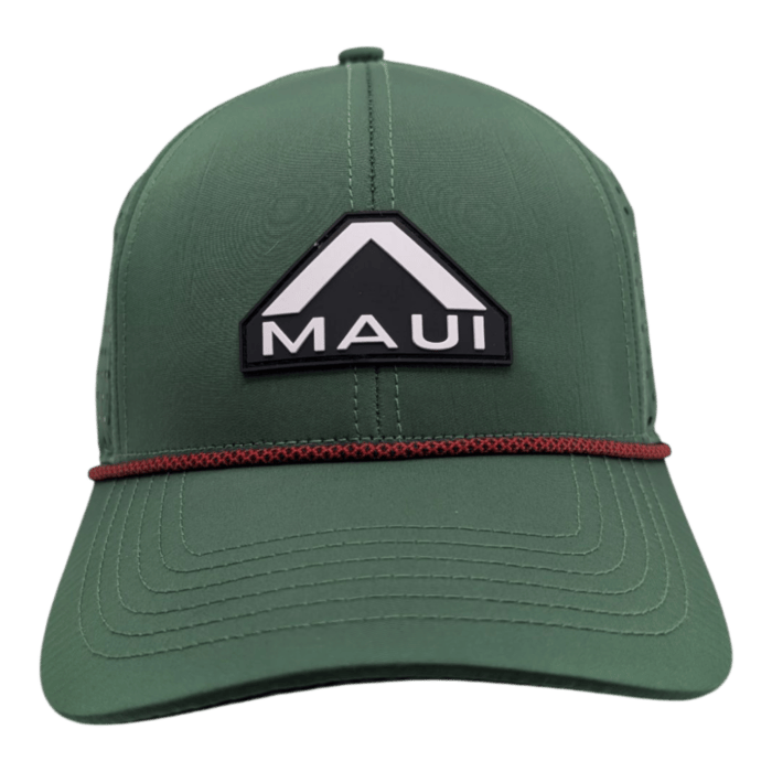 The Alpha Maui Merry is a green baseball cap featuring a black and white triangular "MAUI" logo patch on the front and a red accent line above the brim.
