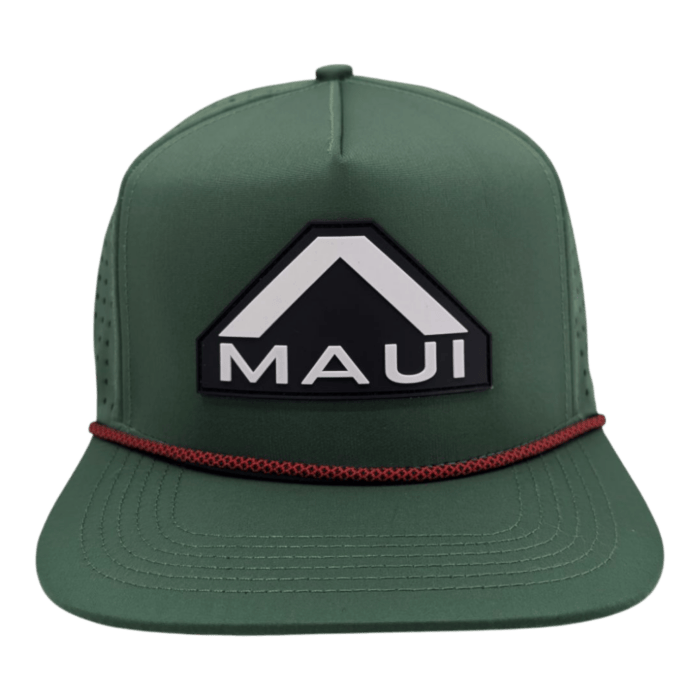 The Alpha Maui Merry is a green baseball cap featuring a black, white, and gray "MAUI" patch on the front and a red braided cord above the brim.