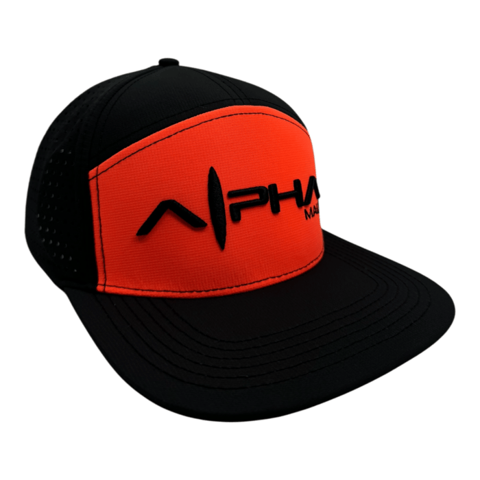 The Alpha Maui Lava Lite is a black and neon orange baseball cap with perforated sides and a curved brim, featuring a logo with stylized text on the front.