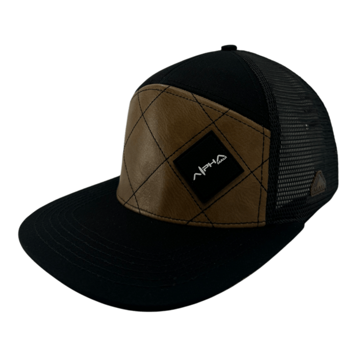 A black and brown trucker hat with a diamond-patterned front panel. The front features a black patch with white text. The back is mesh for ventilation, and the brim is black.
