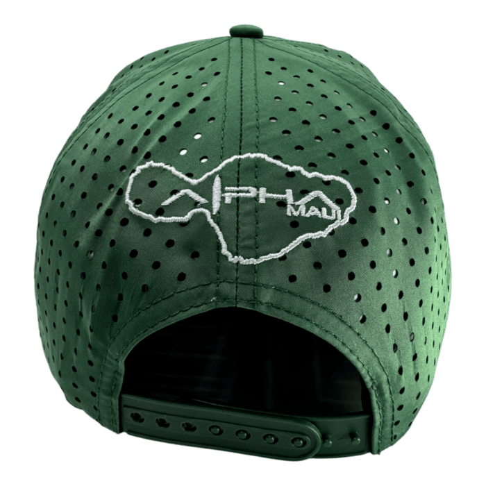 The Alpha Maui Merry green baseball cap is shown from the back, highlighting a perforated design with an embroidered outline of Maui and "AFH Maui" text in white. An adjustable strap is visible at the bottom.