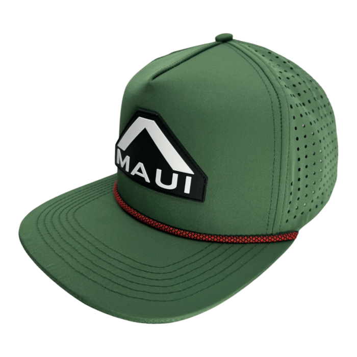 The Alpha Maui Merry is a green baseball cap featuring a black and white "MAUI" patch with an arrow. It includes a red and black front cord and side perforations for ventilation.