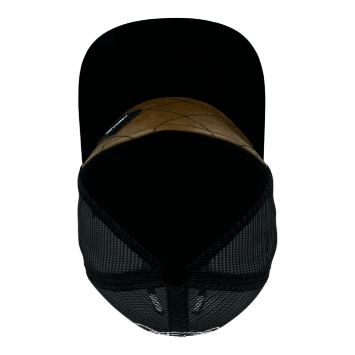 Top view of a black and brown trucker hat with mesh sides and a solid front panel. The hat's brim is flat and the design includes some stitching details.