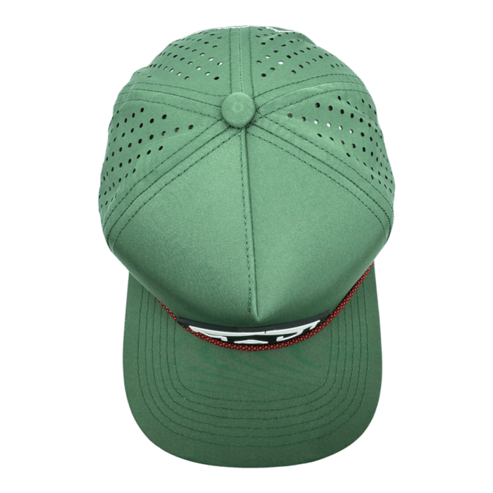 The Alpha Maui Merry is a green baseball cap featuring perforated panels for ventilation and a red trim along the brim, viewed from above.