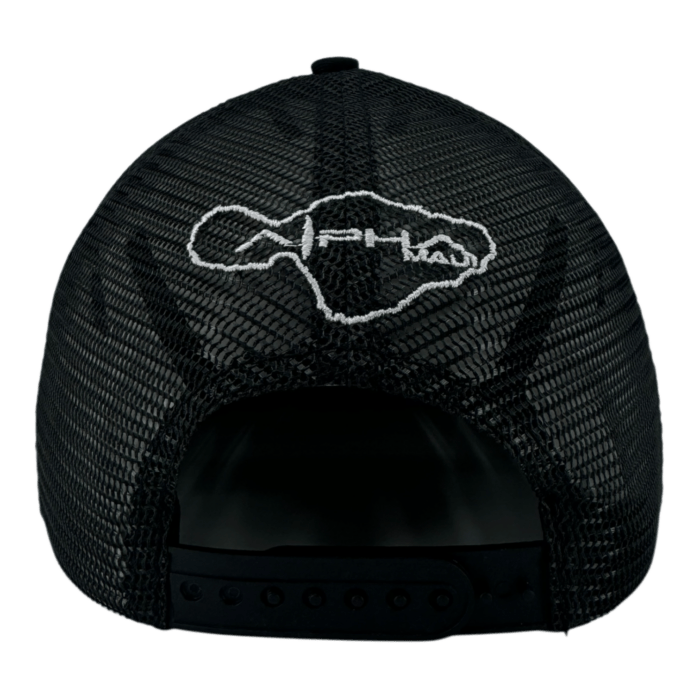 Back view of a black mesh cap featuring a white outline of an island embroidered above the adjustable strap.