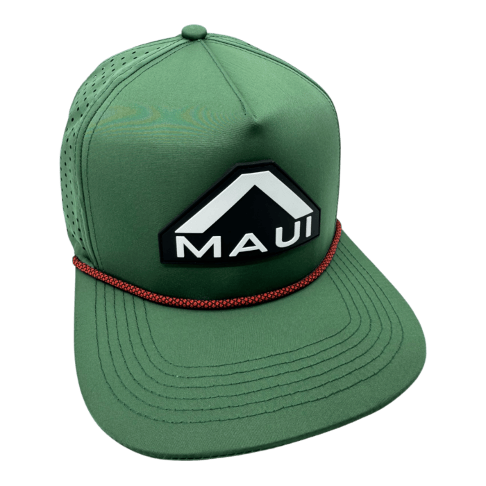 The Alpha Maui Merry cap is green with perforated sides and a red braided rope on the brim. The front panel features a black and white geometric logo with "MAUI" text.