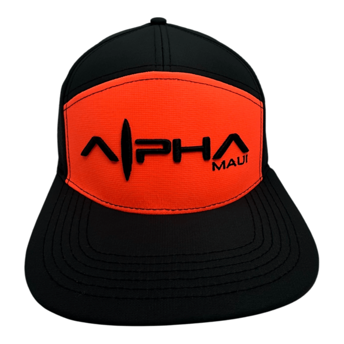 The "Alpha Maui Lava Lite" baseball cap is black and orange with "ALPHA MAUI" in bold lettering on the front panel.
