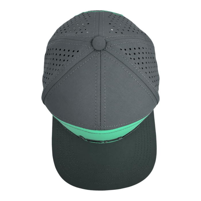 Seen from the top, the Alpha Maui Hydro Clad is a dark gray baseball cap with black perforated panels for ventilation, a green stripe encircling the crown above the brim, and a button on top.